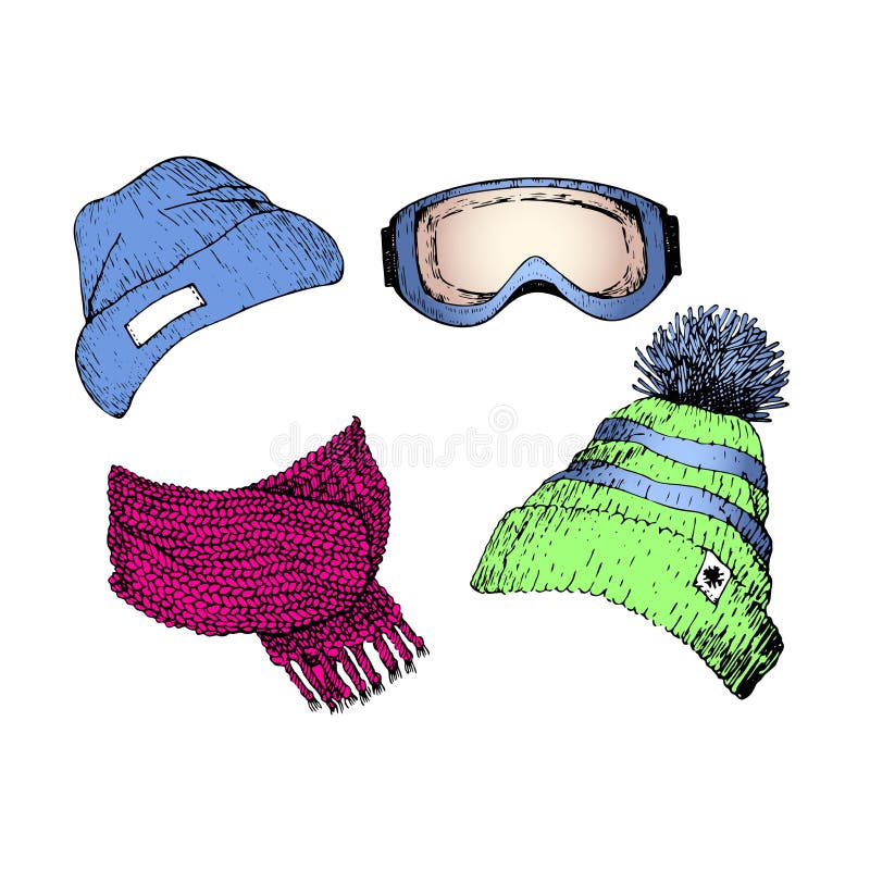 Vecor-Satz Hand gezeichnete Skikleidungsikonen Gestrickter Schal, Beanies, Schutzbrillenmaske Gravierte farbige Illustration vektor abbildung Vecor-Satz Hand gezeichnete Skikleidungsikonen Gestrickter Schal, Beanies, Schutzbrillenmaske Gravierte farbige Illustration vektor abbildung