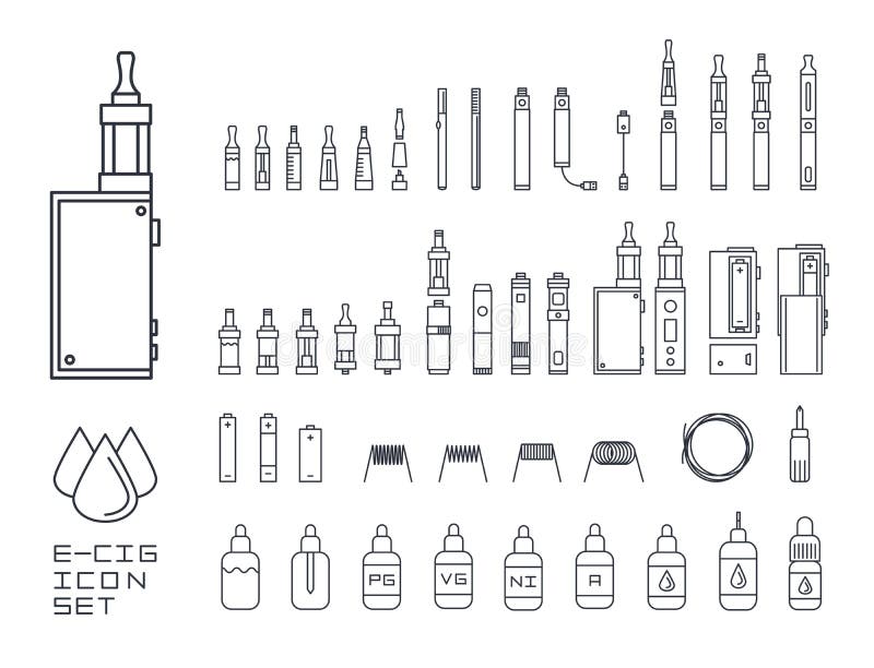 Vecor ustawiający vape odnosić sie proste kreskowe ikony RDA, atomizator, royalty ilustracja Vecor ustawiający vape odnosić sie proste kreskowe ikony RDA, atomizator, royalty ilustracja
