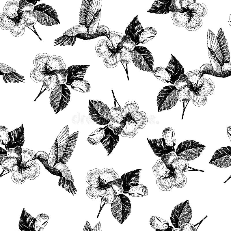 Vecotr hand drawn seamless pattern. tropical plants. Exotic engraved leaves and flowers. Isoalated on white. hibiscus