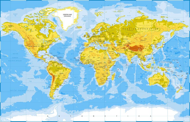 Vecteur coloré topographique physique politique de carte du monde