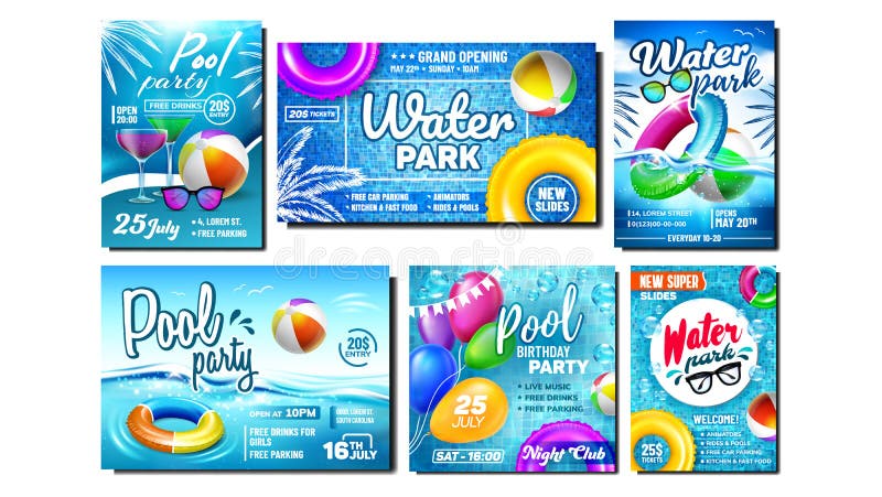 Water Park And Pool Party Promo Banners Set Vector. Collection Of Advertising Posters With Inflatable Lifebuoy And Ball, Sunglasses And Cocktail Drink. Aquapark Colored Concept Template Illustrations. Water Park And Pool Party Promo Banners Set Vector. Collection Of Advertising Posters With Inflatable Lifebuoy And Ball, Sunglasses And Cocktail Drink. Aquapark Colored Concept Template Illustrations