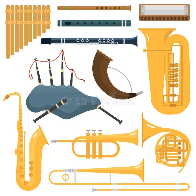 Musical instruments isolated under white background. Blow blare studio acoustic shiny musician equipment. Orchestra trumpet sound metal woodwind tool. Musical instruments isolated under white background. Blow blare studio acoustic shiny musician equipment. Orchestra trumpet sound metal woodwind tool.