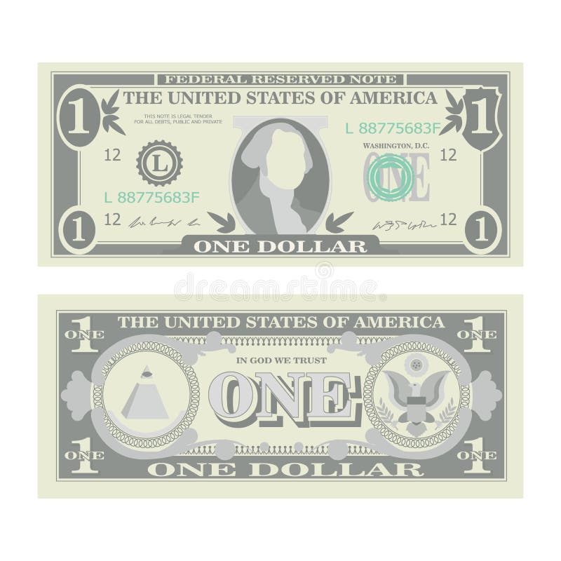 Vecteur de billet de banque du 1 dollar Devise des USA de bande dessinée Deux côtés d'un argent américain Bill Isolated Illustrat