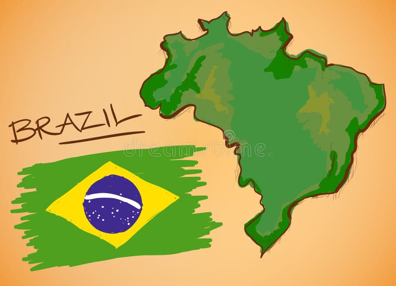 Brazil Map and National Flag Vector Digital Painting. Brazil Map and National Flag Vector Digital Painting