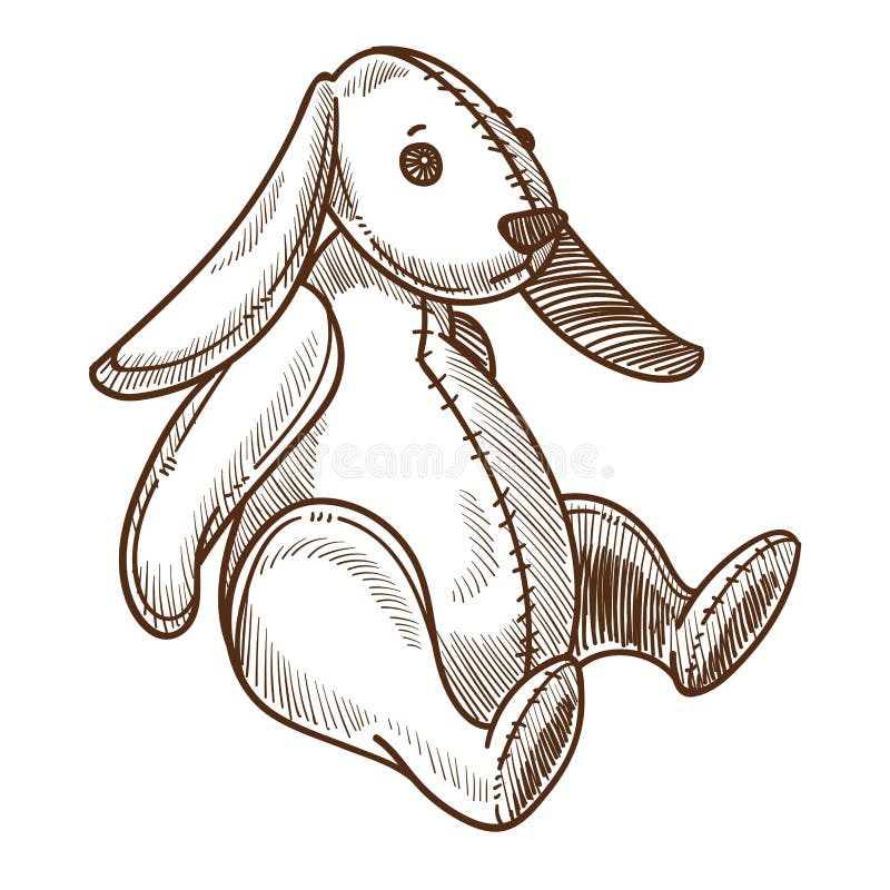 Bunny rabbit retro toy sketch icon. Vector hand drawn isolated vintage cartoon bunny plush toy character for kid fairy tale book or greeting card design. Bunny rabbit retro toy sketch icon. Vector hand drawn isolated vintage cartoon bunny plush toy character for kid fairy tale book or greeting card design