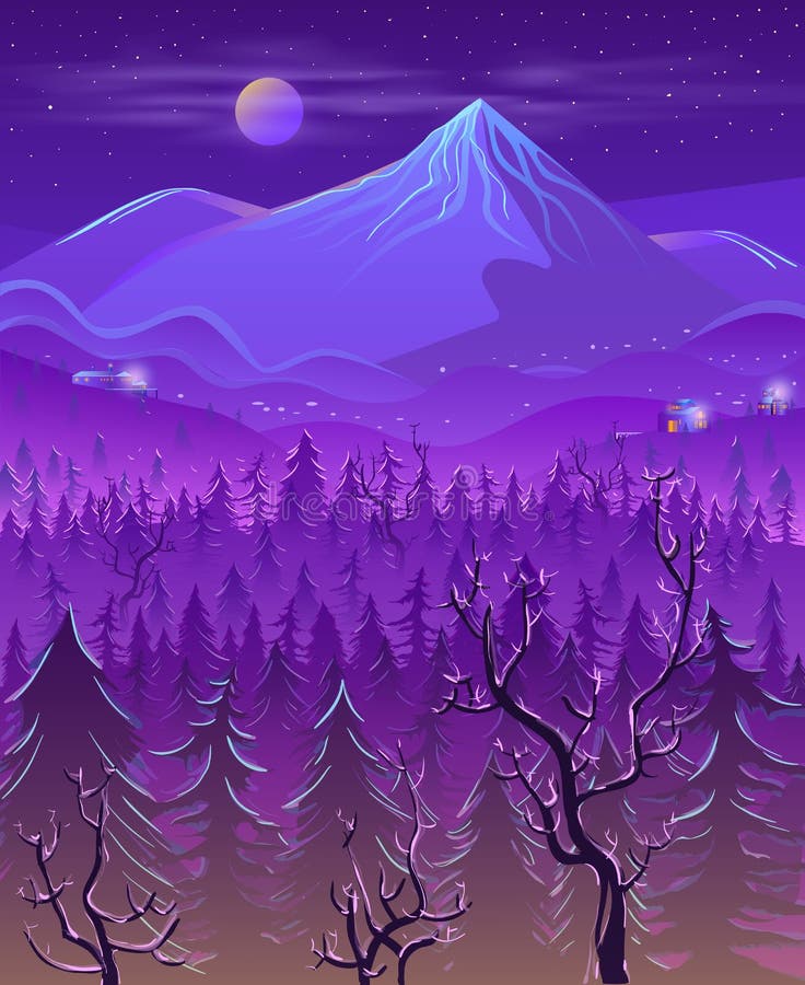 Cold and wild northern land night landscape cartoon vector in violet neon colors with full moon disk in mist under snow-cowered mountain peak or hill, spruce trees forest and village houses lights. Cold and wild northern land night landscape cartoon vector in violet neon colors with full moon disk in mist under snow-cowered mountain peak or hill, spruce trees forest and village houses lights