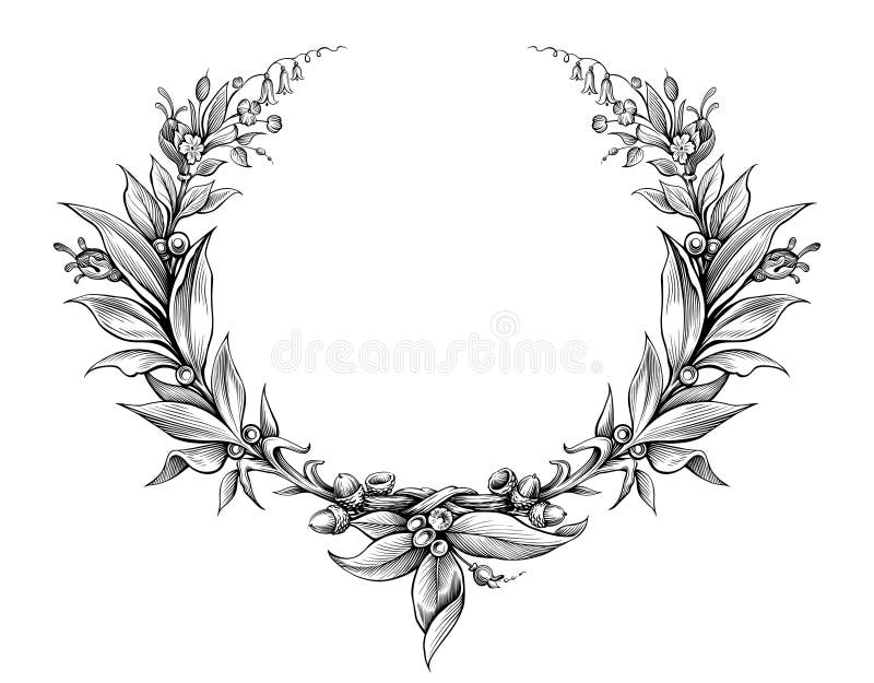 Vecteur noir et blanc de tatouage de fleur gravé par feuille héraldique florale baroque de bouclier de monogramme de frontière de