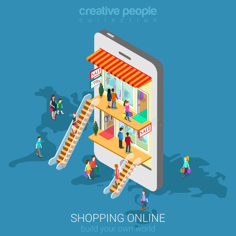 Mobile shopping e-commerce online store flat 3d web isometric infographic concept vector and electronic business, sales, black friday. People walk on floors in stores boutiques like inside smartphone. Mobile shopping e-commerce online store flat 3d web isometric infographic concept vector and electronic business, sales, black friday. People walk on floors in stores boutiques like inside smartphone.