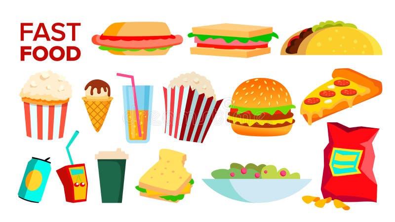 Vecteur réglé par icônes d'aliments de préparation rapide Dîner d'hamburger Plats à emporter Café exprès malsain Illustration pla illustration de vecteur Vecteur réglé par icônes d'aliments de préparation rapide Dîner d'hamburger Plats à emporter Café exprès malsain Illustration pla illustration de vecteur