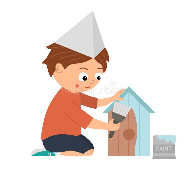 Vector working boy. Flat funny sitting kid character painting a nestling box. Craft lesson illustration. Concept of a child learning how to work. Picture for workshop or masterclass advertisement. Vector working boy. Flat funny sitting kid character painting a nestling box. Craft lesson illustration. Concept of a child learning how to work. Picture for workshop or masterclass advertisement