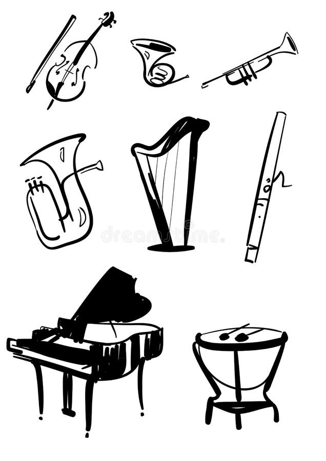 Classical symphony orchestra musical instruments set. Violin with bow, timpani, trumpet, horn, tuba, piano, harp, bassoon hand drawn line vector illustrations isolated on white background. Classical symphony orchestra musical instruments set. Violin with bow, timpani, trumpet, horn, tuba, piano, harp, bassoon hand drawn line vector illustrations isolated on white background