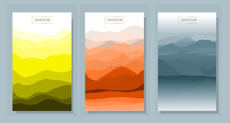 Vector abstract background set. Minimalistic style. Flat concept. Collection of 3 landscapes. Clouds by the water, autumn in the