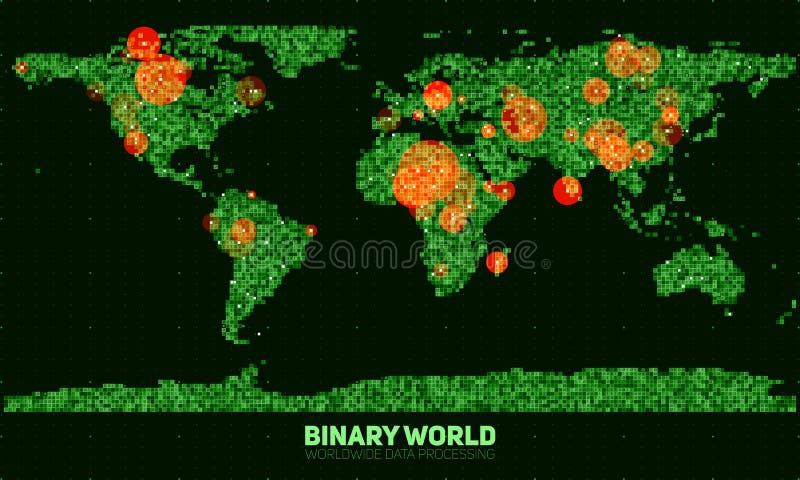 Vector abstract binary world map. Continents constructed from green binary numbers. Global information network. royalty free illustration
