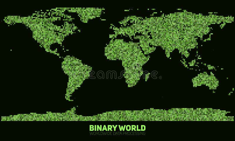 Vector abstract binary world map. Continents constructed from green binary numbers. Global information network. royalty free illustration