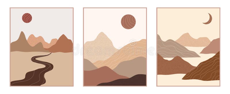 Vector abstract contemporary aesthetic set of backgrounds landscapes with mountains, roads, sunrise, sunset. Boho wall print decor