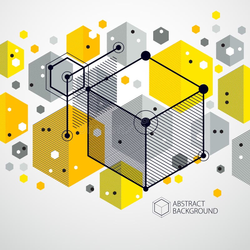 Vector of abstract geometric 3D cube pattern and yellow background. Layout of cubes, hexagons, squares, rectangles and different vector illustration