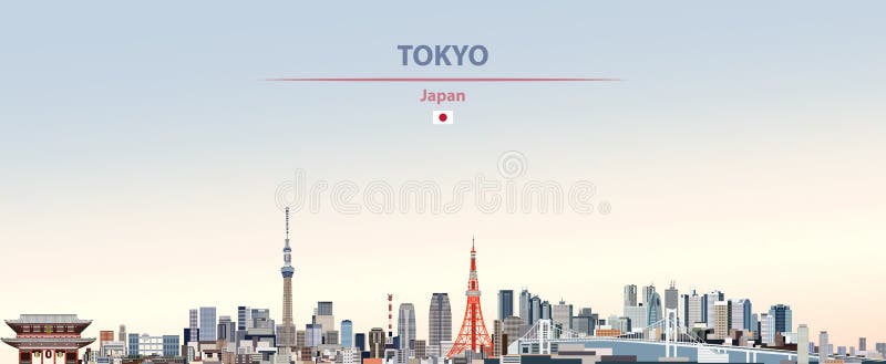 Vector illustration of Tokyo city skyline on colorful gradient beautiful day sky background with flag of Japan