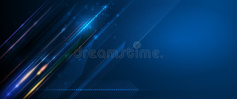 Digital image of light rays, stripes lines with blue light, speed and motion blur over dark blue background royalty free illustration