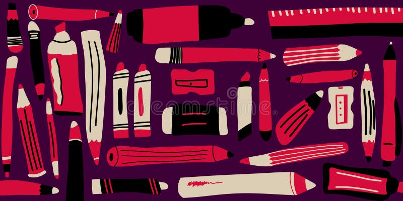 Vector abstract seamless pattern with the image of stationery. Dark purple background with the image of pink pencils, pens and other. Vector abstract seamless pattern vectors