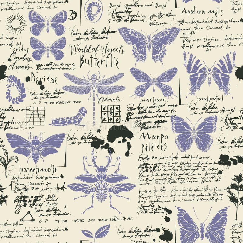 Abstract seamless pattern with insects and scribbles vector illustration