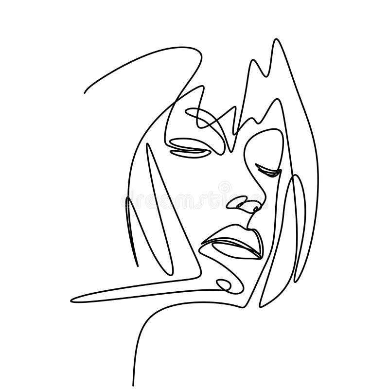Vector abstract trendy illustration of one line drawing of woman. Close up beautiful women`s face hand draw line art. Modern