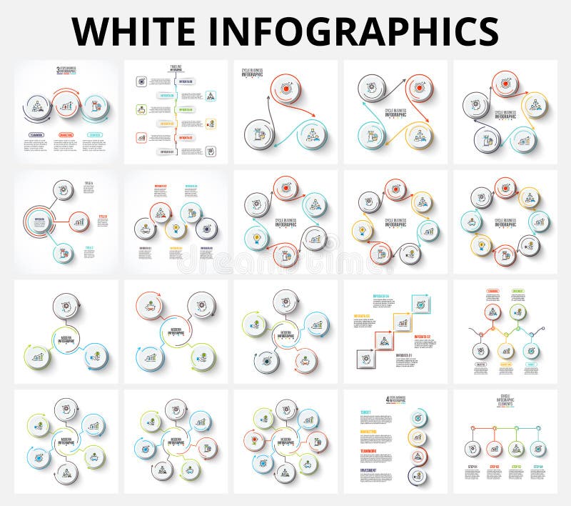 Vector abstract white elements with stroke arrows. Business infographics concept with 3, 4, 5, 6, 7 and 8 options, parts, steps or processes. Process chart