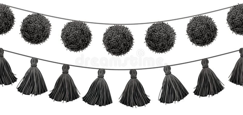 Vector Balck and White Tribal Pom Poms and Tassels Set On A String Horizontal Seamless Repeat Border Pattern. Great for handmade cards, invitations, wallpaper, packaging, home decor designs. Surface pattern design. Vector Balck and White Tribal Pom Poms and Tassels Set On A String Horizontal Seamless Repeat Border Pattern. Great for handmade cards, invitations, wallpaper, packaging, home decor designs. Surface pattern design.