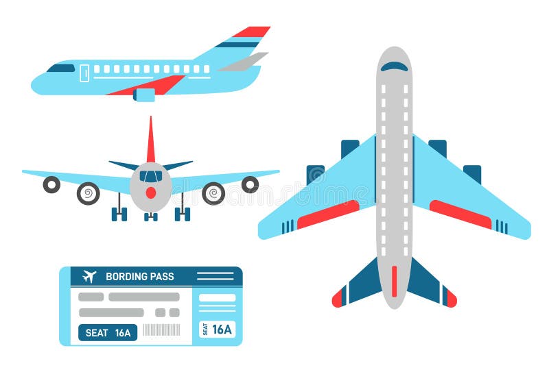 Vector airplane in top, side and front view. Set of planes and airline ticket for the flight. Aircraft model with wings, engine, turbine. Boarding bass. Flat style illustration. Vector airplane in top, side and front view. Set of planes and airline ticket for the flight. Aircraft model with wings, engine, turbine. Boarding bass. Flat style illustration.