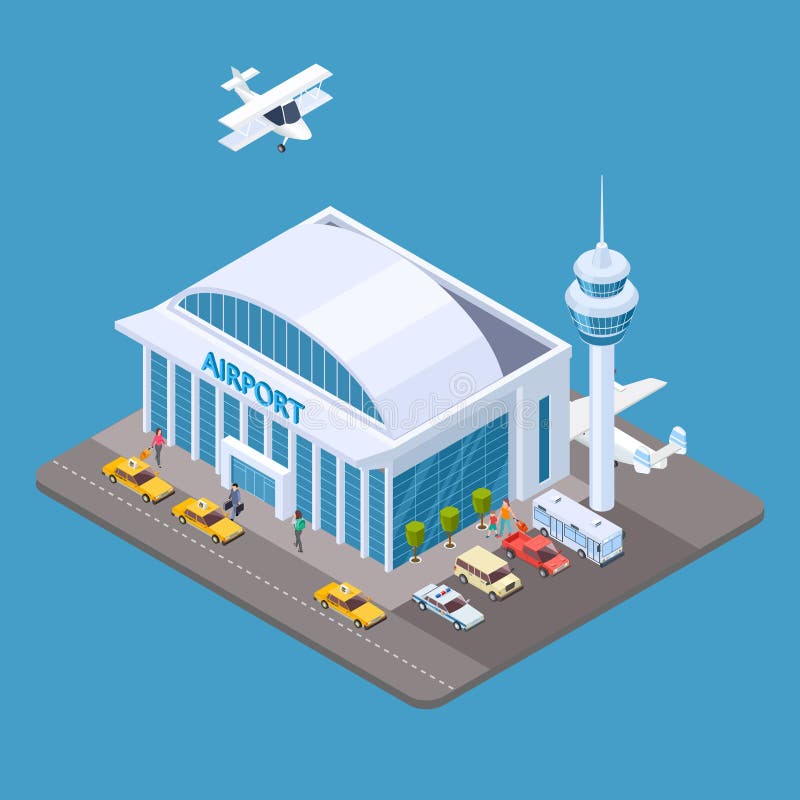 Vector airport isometric concept with passengers, taxi, airplane royalty free illustration Vector airport isometric concept with passengers, taxi, airplane royalty free illustration