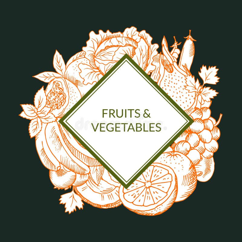 Vector al vegano bosquejado garabato de las frutas y verduras, emblema sano de la comida aislado en fondo coloreado libre illustration Vector al vegano bosquejado garabato de las frutas y verduras, emblema sano de la comida aislado en fondo coloreado libre illustration