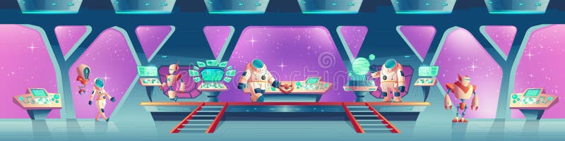 Vector alien spaceship orlop, cockpit with helm vector illustration