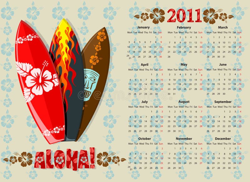 Vector Aloha calendar 2011 with surf boards