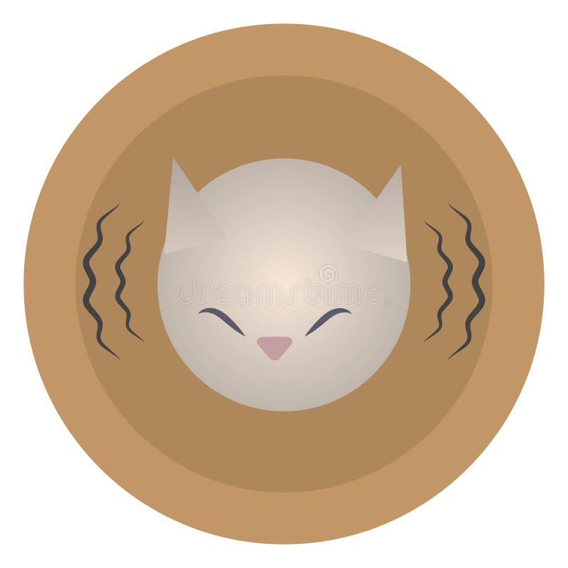 Vector round flat orange icon icon head of a gray white mournful painted cat with lines of sound vibration isolated on a white background. Vector round flat orange icon icon head of a gray white mournful painted cat with lines of sound vibration isolated on a white background