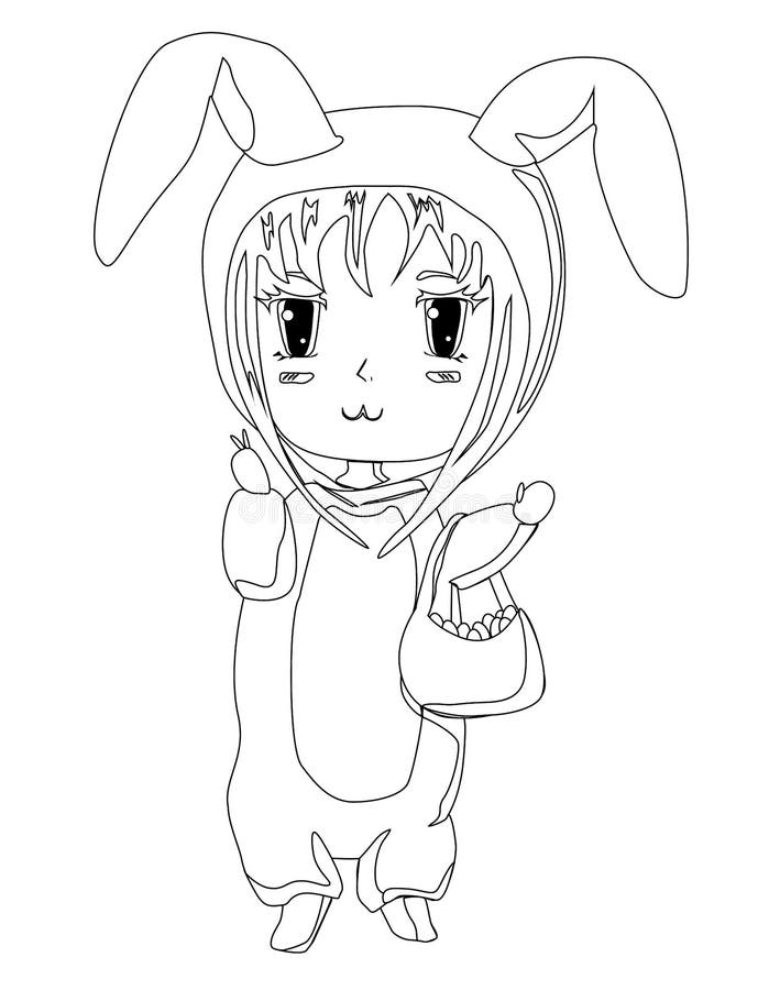 Vector Anime Character in Rabbit Kigurumi Outline and Colored. Cute ...