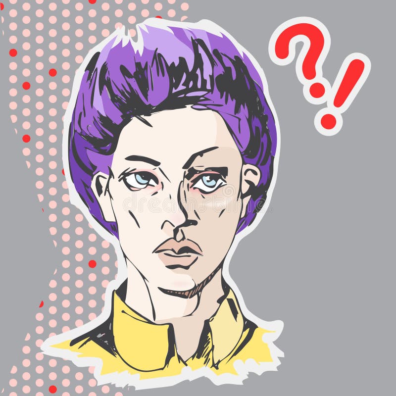 Vector annoyed woman face with purple short hair and yellow shirt stock illustration Vector annoyed woman face with purple short hair and yellow shirt stock illustration