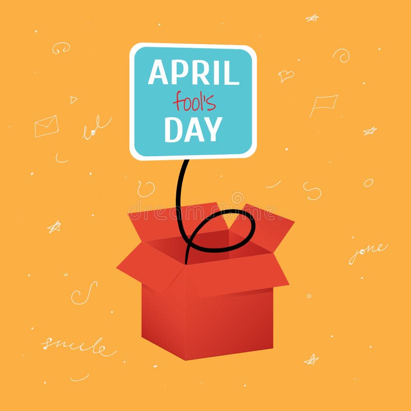 Vector April Fool's Day funny box with label on bright orange background with doodles stock illustration Vector April Fool's Day funny box with label on bright orange background with doodles stock illustration