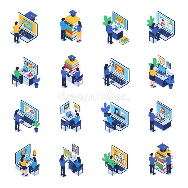 Vector art of isometric illustrations of online education and elearning concepts, showcasing digital courses, students, and royalty free illustration