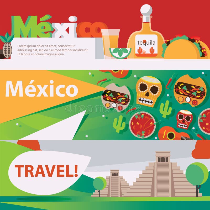 Vector as bandeiras horizontais dedicadas ao alimento, ao drind e à cultura mexicanos Projeto brilhante do curso e do entretenime ilustração stock Vector as bandeiras horizontais dedicadas ao alimento, ao drind e à cultura mexicanos Projeto brilhante do curso e do entretenime ilustração stock