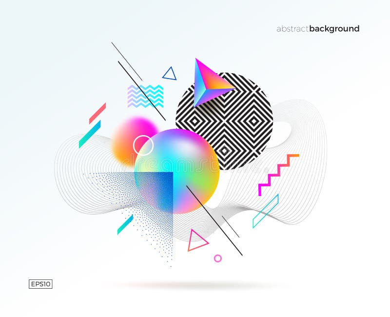 AAstract design with different geometric, 3d, linear and stipple shapes. Abstract multicolored composition. stock illustration