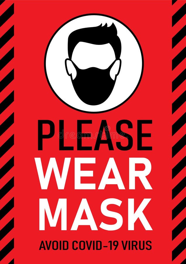 Vector attention sign, please wear mask avoid covid-19 virus black and white color on red background. warning or caution sign. stock illustration