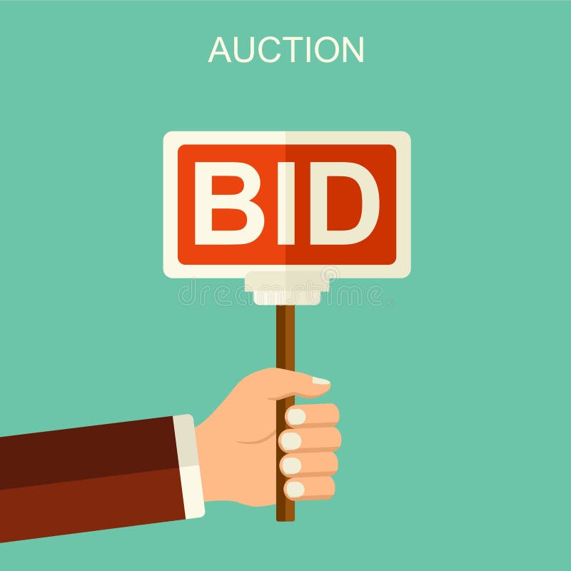 Vector auction and bidding concept. Hand holding auction paddle. Flat vector illustration with hand and banner BID. Vector auction and bidding concept. Hand stock illustration Vector auction and bidding concept. Hand holding auction paddle. Flat vector illustration with hand and banner BID. Vector auction and bidding concept. Hand stock illustration