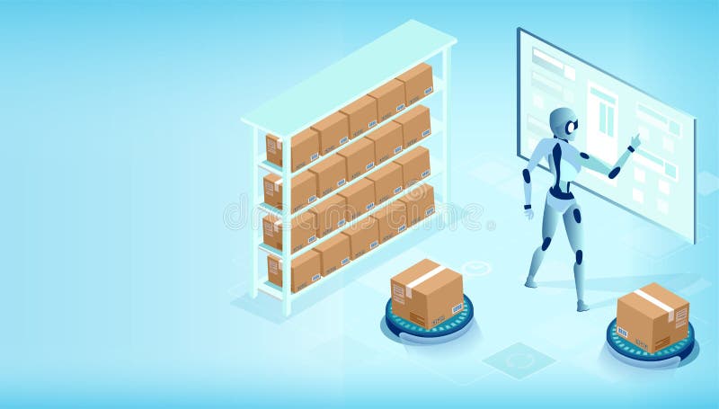 Vector, automated warehouse, logistics center with AI and robot implementation stock illustration