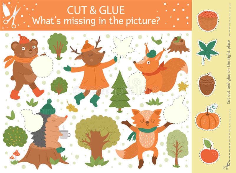 Vector autumn cut and glue activity. Fall season educational crafting game with cute forest animals. Fun activity for kids. What