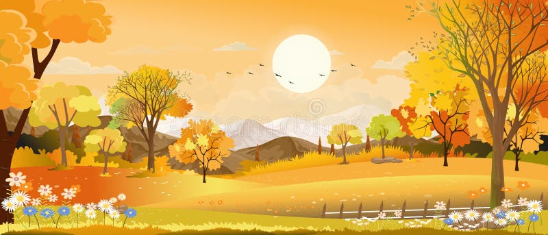 Autumn Landscape Forest Trees with Full Moon and Stars at Night,Vector ...