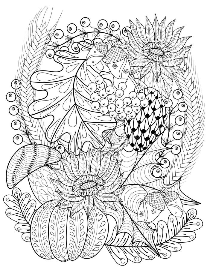 Vector autumn patterned background with pumpkin, sunflower, leaves, acorns, branches, mushroom for adult coloring books. Hand