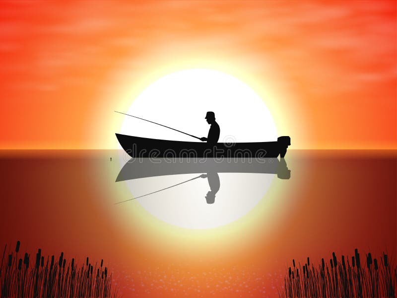 Vector Background Fisherman on Boat Sunset Stock Vector