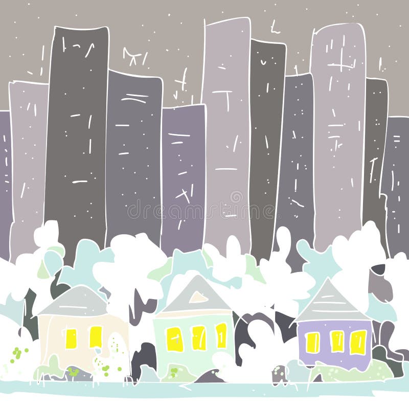 Country houses and trees against the gray stone jungle. royalty free illustration Country houses and trees against the gray stone jungle. royalty free illustration