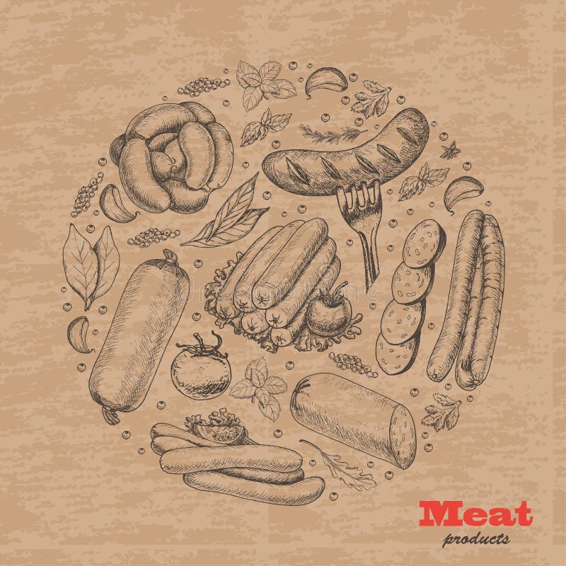 Vector background with meat products arranged in a circle stock illustration Vector background with meat products arranged in a circle stock illustration