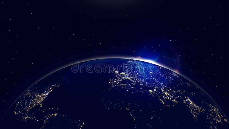 Vector background planet earth with sunrise in space and city lights royalty free illustration Vector background planet earth with sunrise in space and city lights royalty free illustration