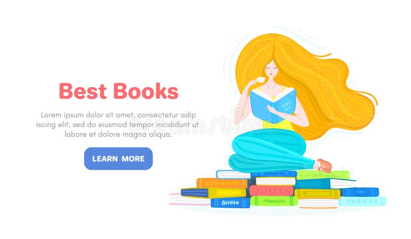 Vector background with redheaded girl with pile of books and cup of tea. Bookworm. Reading